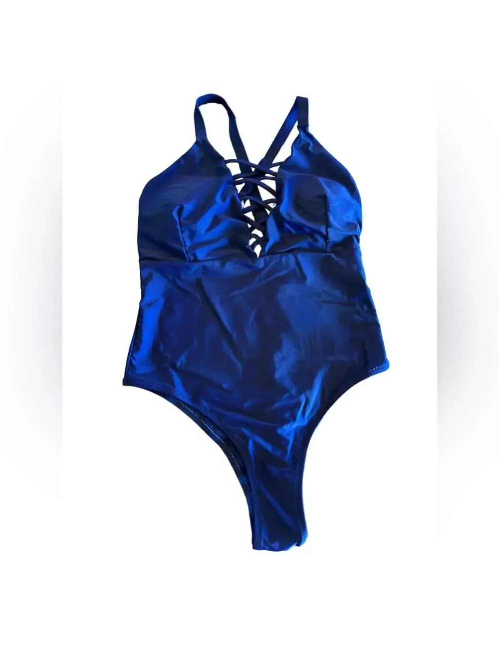 EKOUAER high cut navy blue one piece size medium plunge front cross back NWT